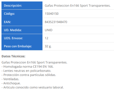 Imagen de Gafas Proteccion En166 Sport Transparentes.