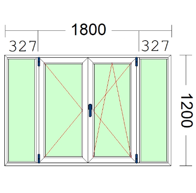 Imagen de VENTANA DE DOS HOJAS Y DOS FIJOS LATERALES, OSCILOBATIENTE DE 1800 X 1200