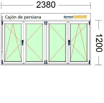 Imagen de VENTANA DE CUATRO HOJAS, (2 OSCILOBATIENTES) DE 2380 X 1200