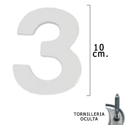 Imagen de Numero Metal "3" Plateado Mate 10 cm. con Tornilleria Oculta (Blister 1 Pieza)