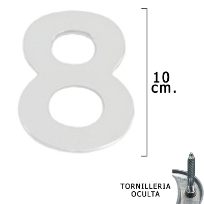 Imagen de Numero Metal "8" Plateado Mate 10 cm. con Tornilleria Oculta (Blister 1 Pieza)