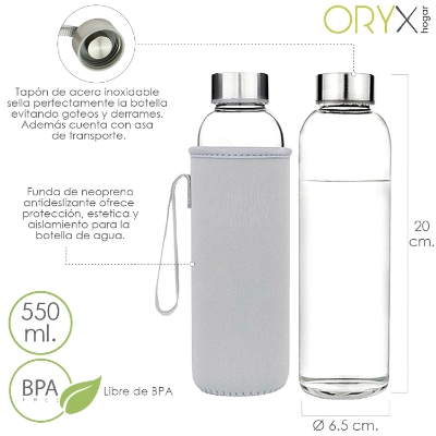 Imagen de Botella Agua Cristal 550 ml. Funda Neopreno con Asa. Sin BPA