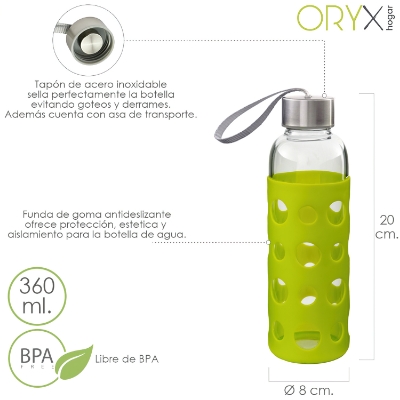 Imagen de Botella Agua de Cristal, Capacidad De 360 ML. Libre BPA, Con Funda Goma y Tapon Antigotas