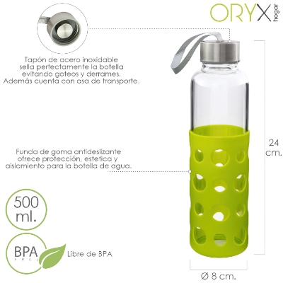 Imagen de Botella Agua Fabricada En Cristal Con Funda De Goma y Tapon Antigotas, 500ml, Libre de BPA