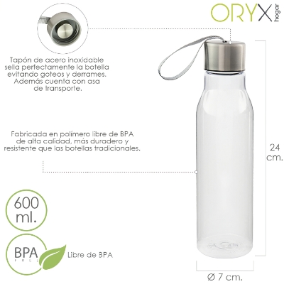 Imagen de Botella Agua, Capacidad De 600 ML. Plastico Libre BPA, Con Asa, Tapon Acero Inoxidable.