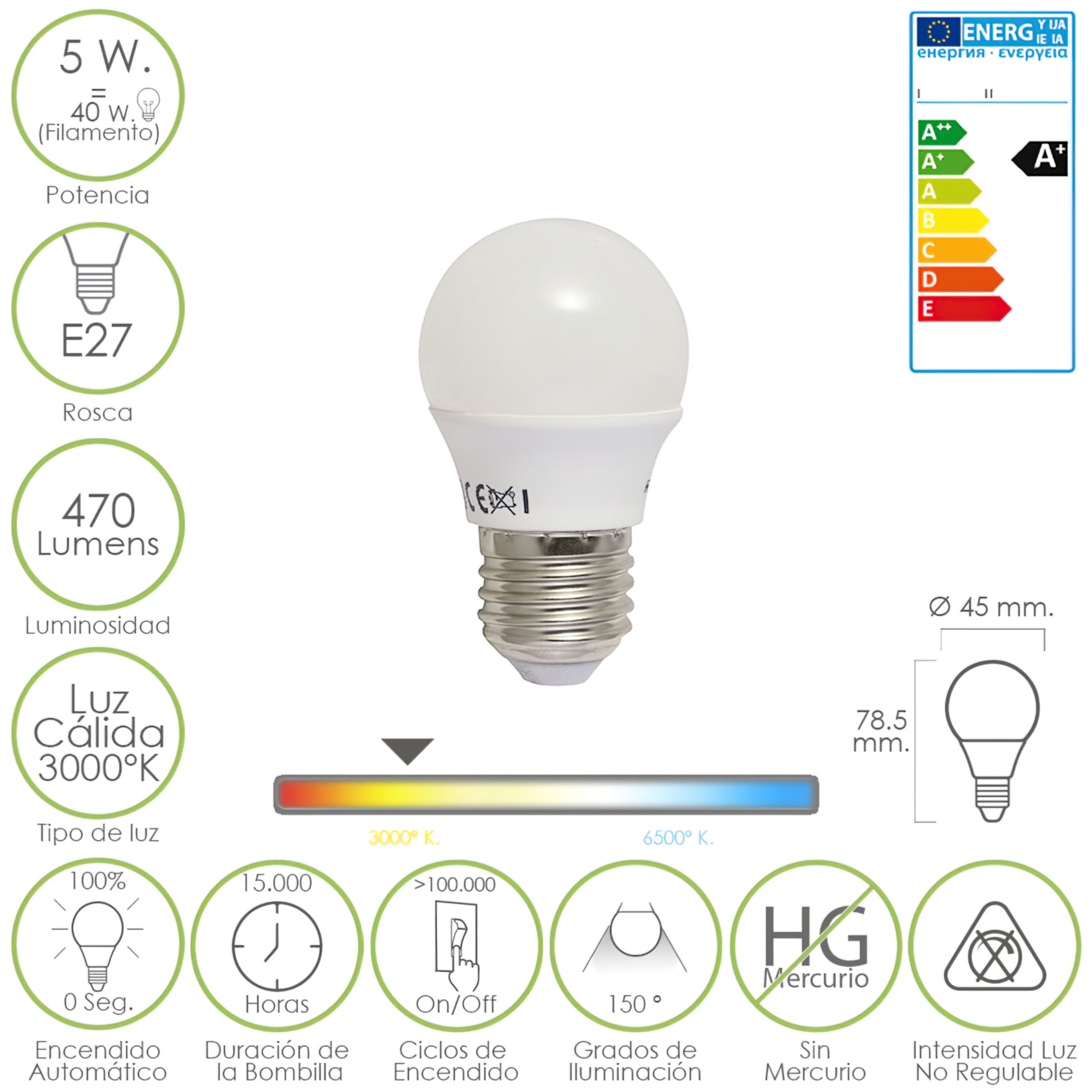 Imagen de Bombilla Led Esferica E27 5 W. - 40 W. 470 lúmenes. Luz cálida (3.000 °K).