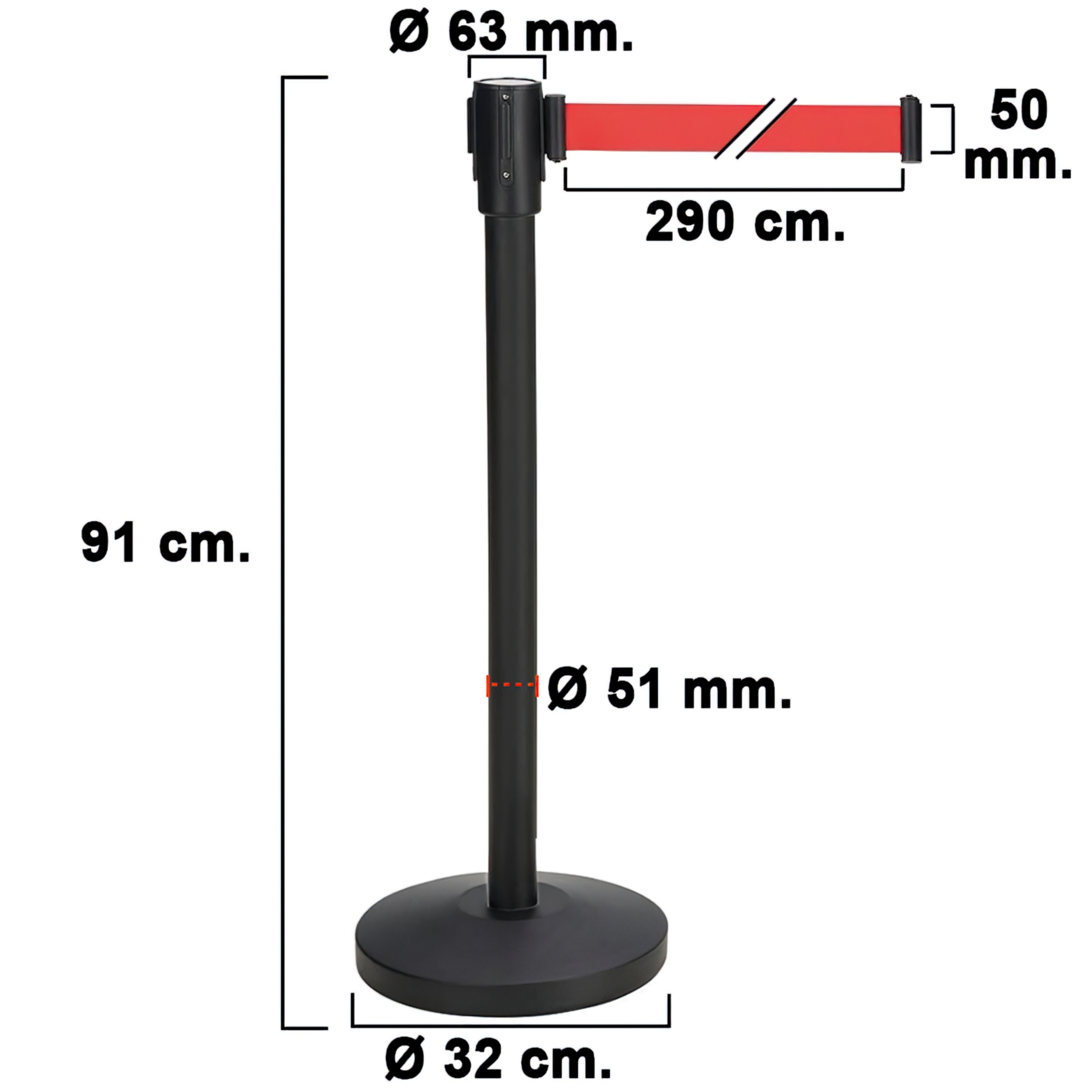 Imagen de Poste Separador Cinta Extensible 3 Metros. Ø Base 32 cm. Ø Tubo 5,1 cm.   Altura 91 cm.