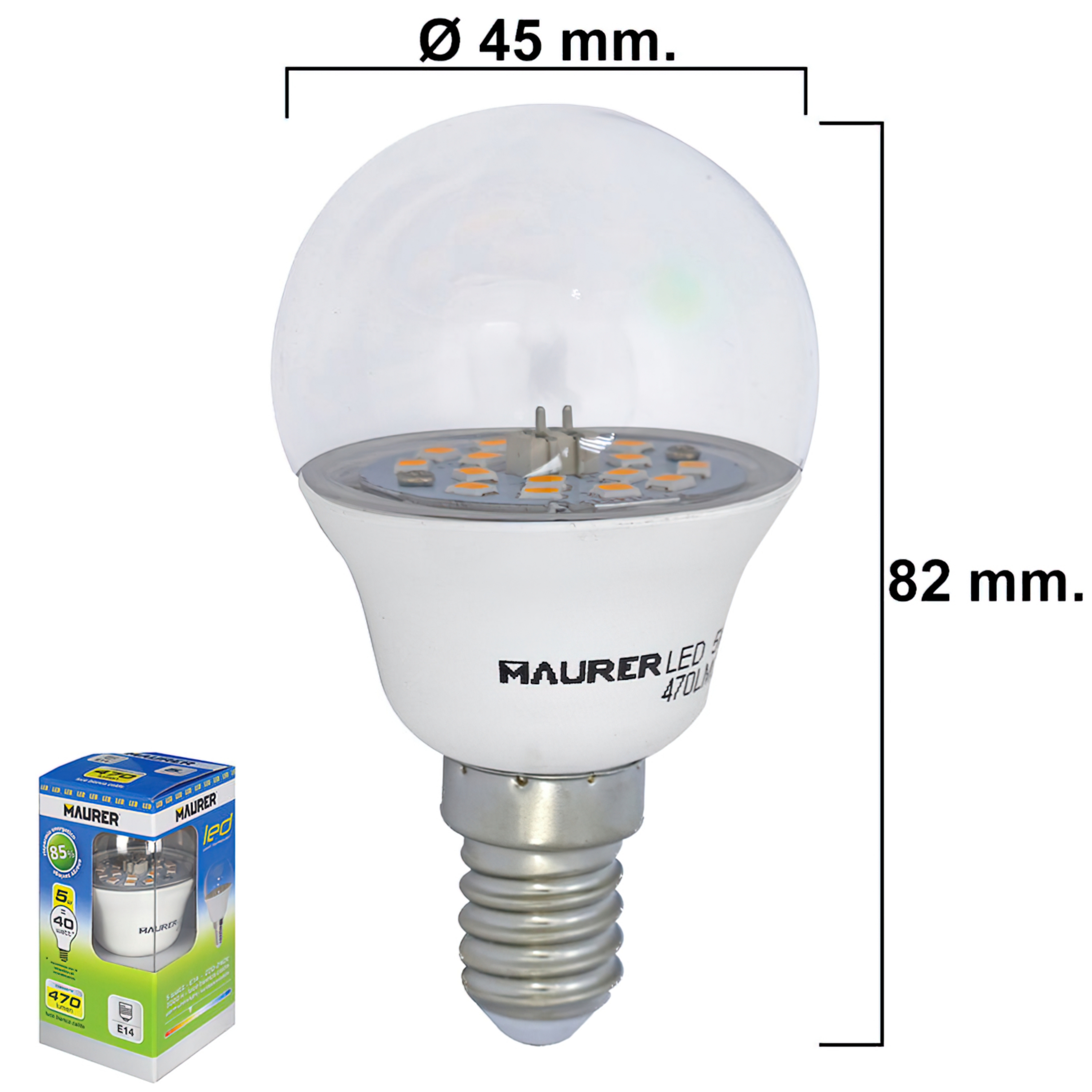 Imagen de Bombilla Led Esferica Transparente Rosca E14 5 W. 40 W. 470 lúmenes. Luz calida. (3000°K).