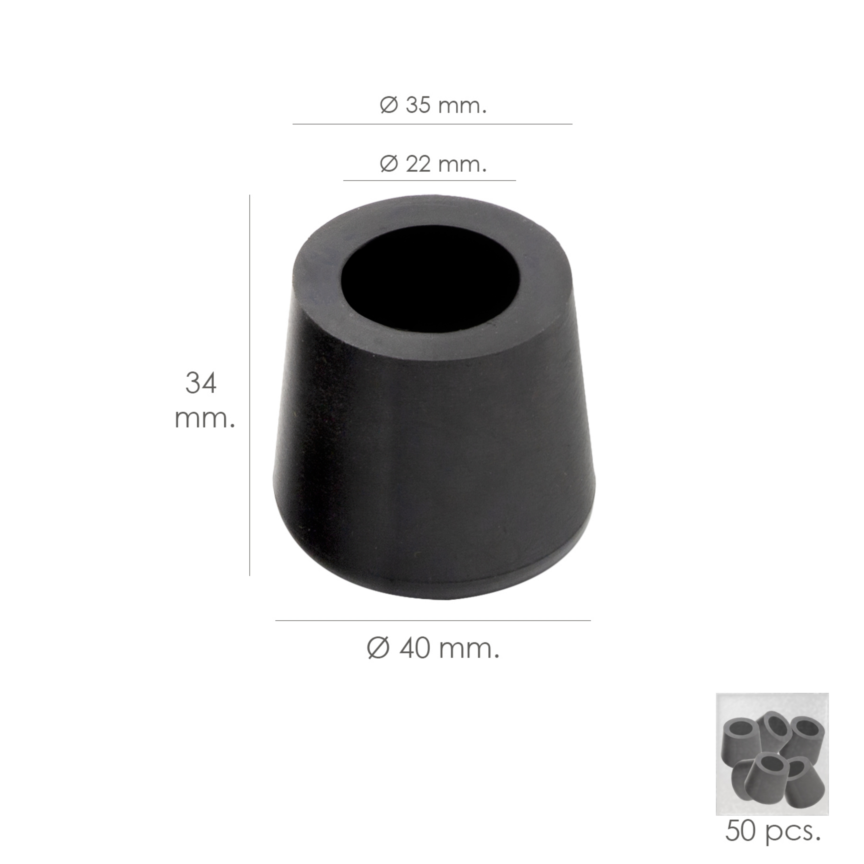 Imagen de Taco Goma Andador Negro Ø 22mm Con Arandela Interior Bolsa 50 Unidades