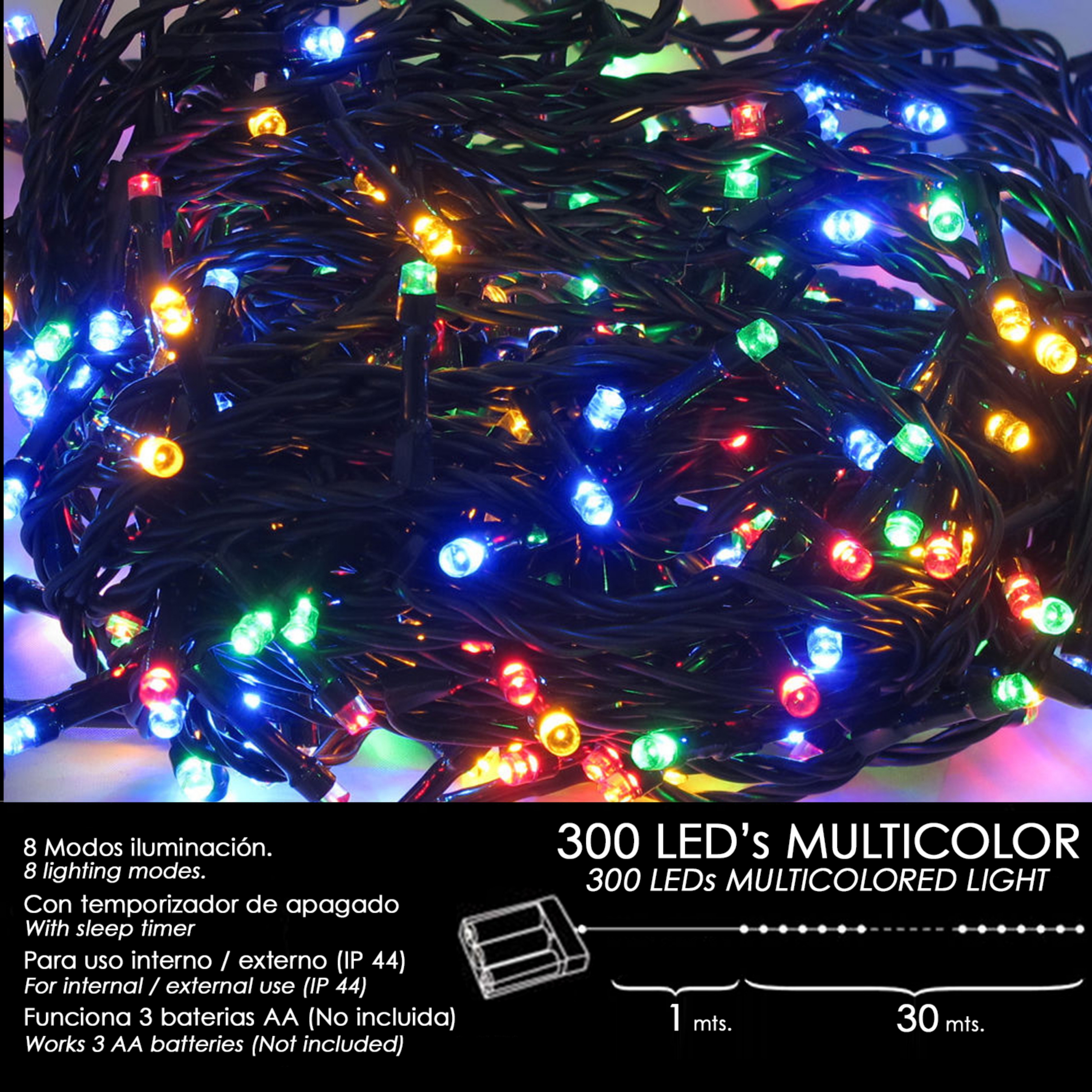 Imagen de Luces Navidad A Pilas 300 Leds Multicolor Interior / Exterior (IP44)