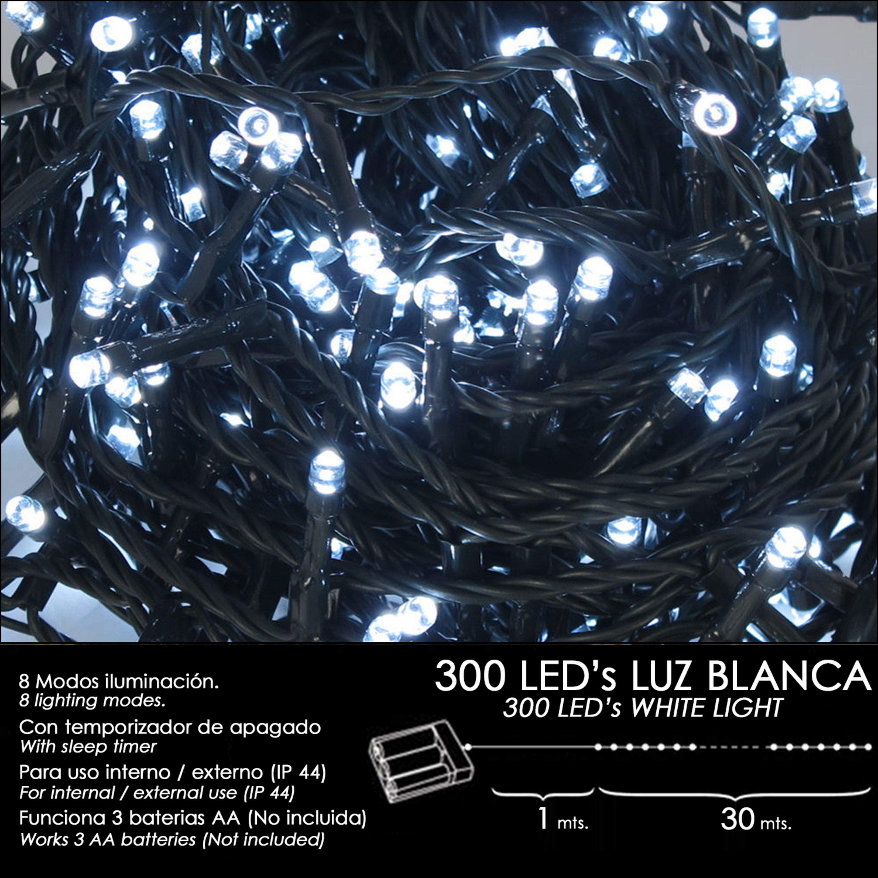 Imagen de Luces Navidad A Pilas 300 Leds Luz Blanca Interior / Exterior (IP44)