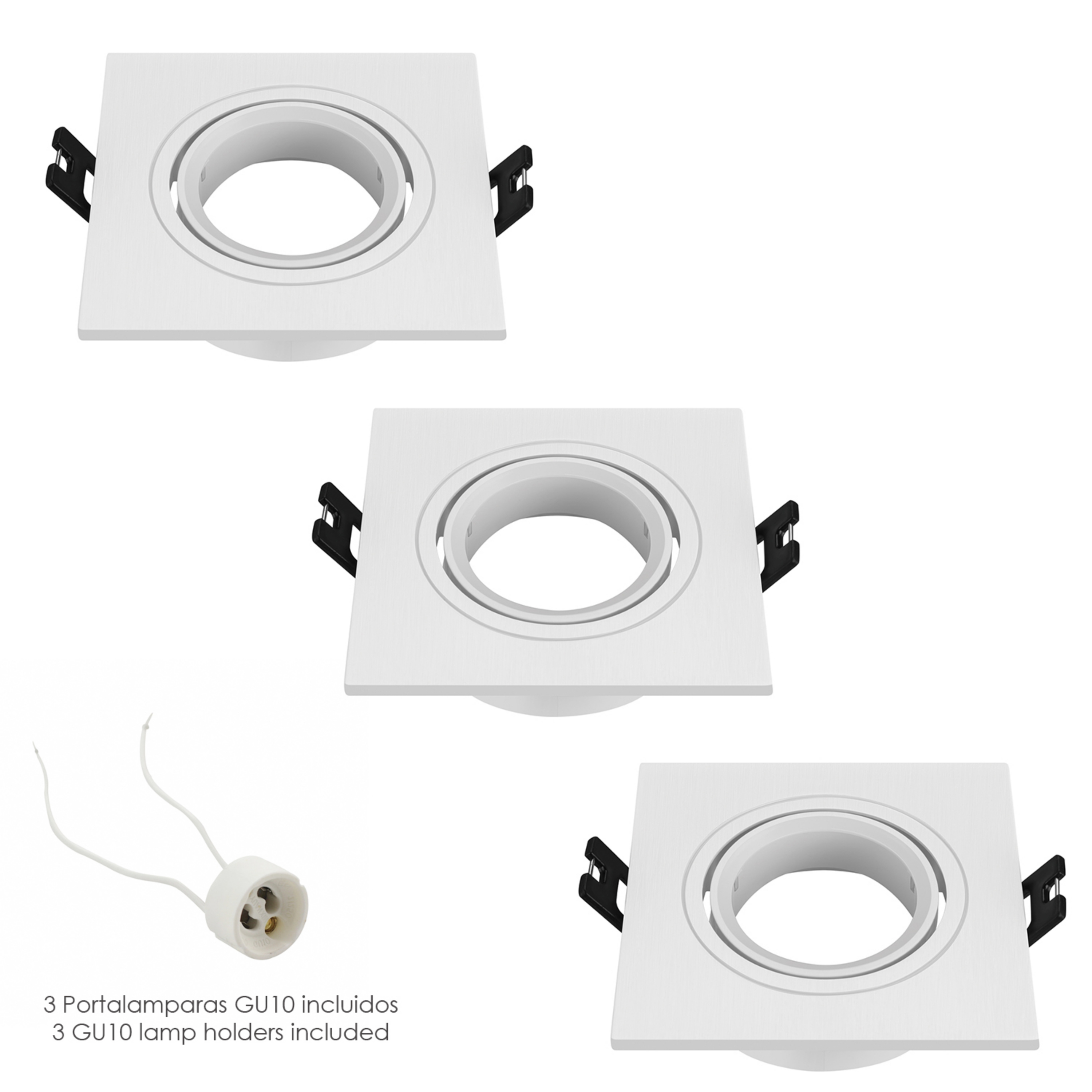 Imagen de Aro Foco Empotrable Regulable Con Portalamparas Para Bombillas GU10. 93 x 93 x 25 mm. Bombilla vista. Pack de 3 unidades