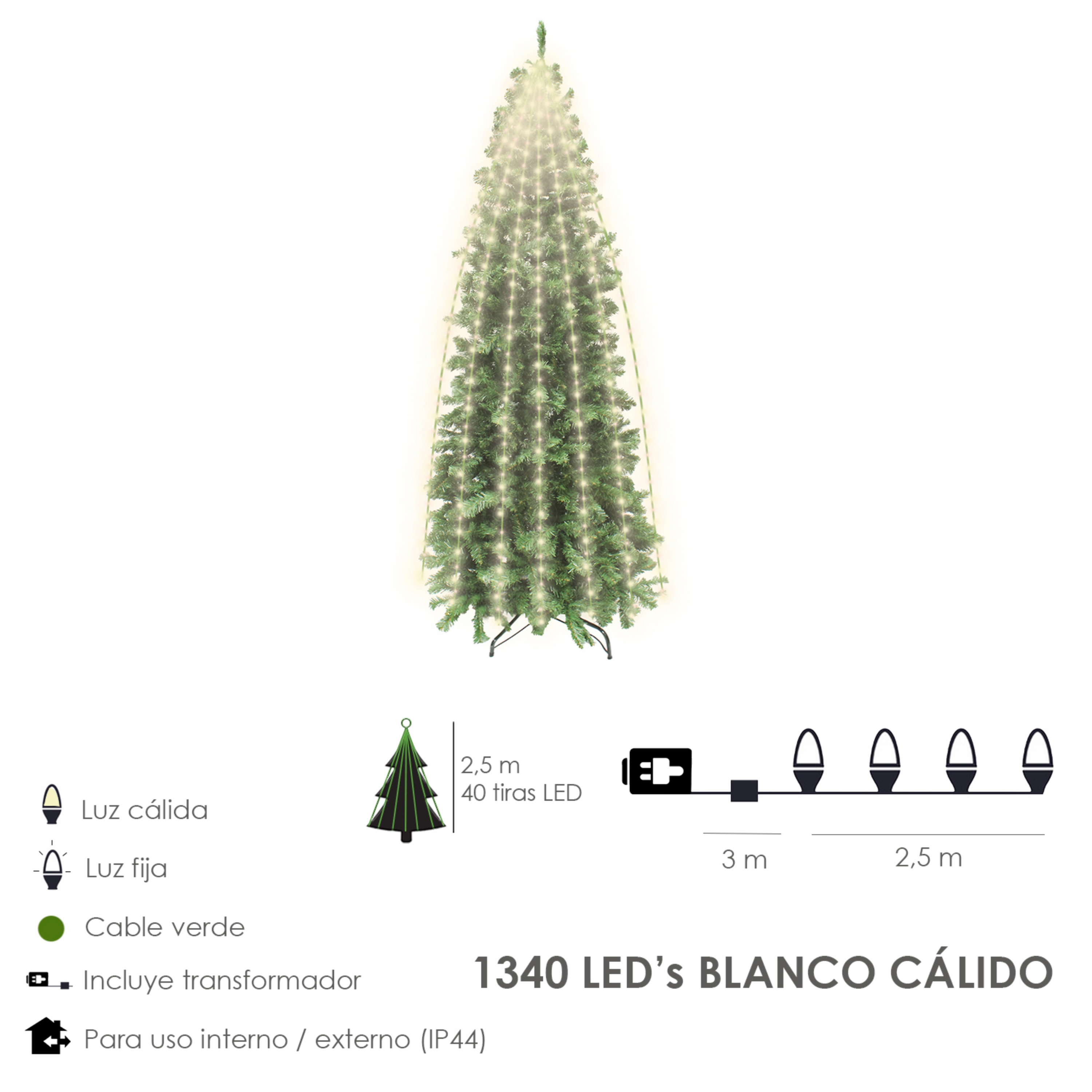 Imagen de Guinalda Luces Navidad 1340 Leds Cascada Cubrearbol Blanco Calido. Ip44. Luz Navidad Interiores y Exteriores