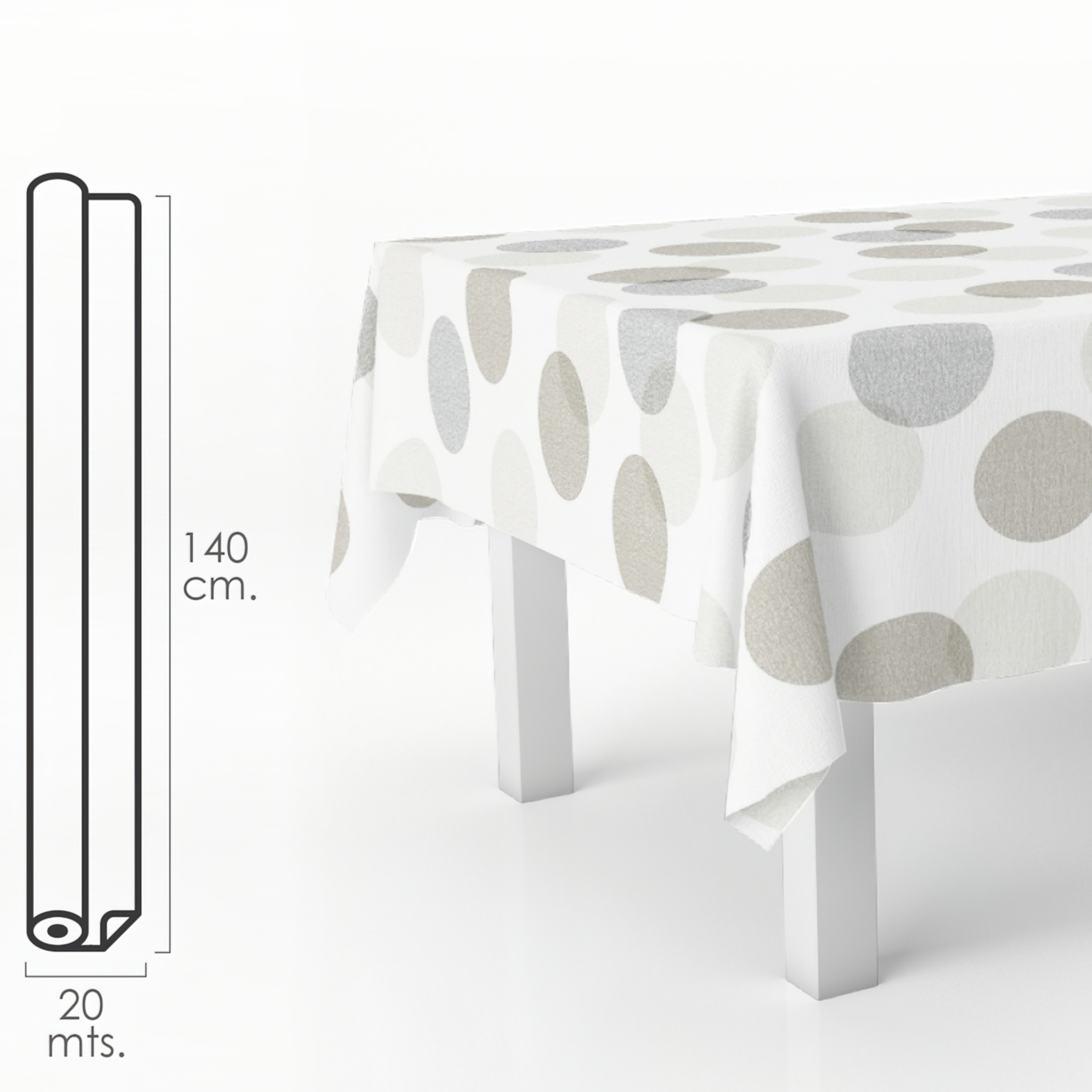 Imagen de Mantel Hule Rectangular Circulos Beis. Impermeable Antimanchas PVC 140 cm. x 20 metros. Rollo Recortable. Interior y Exterior