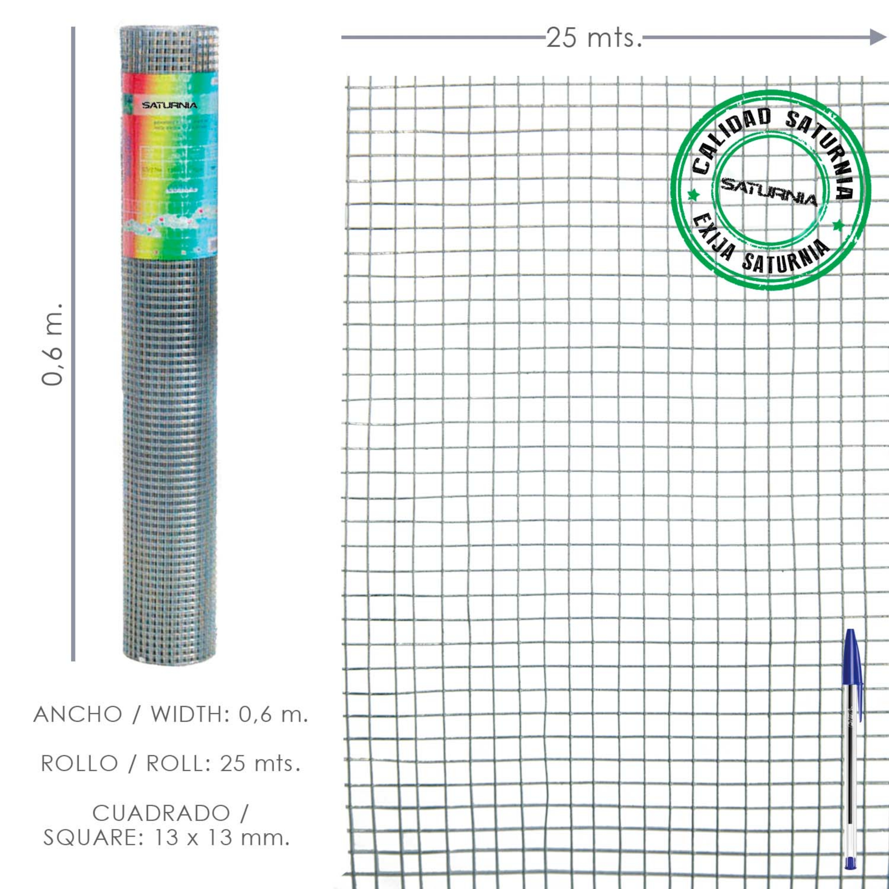 Imagen de Malla Electrosoldada Galvanizada 13x13 / Altura 60 cm. Rollo 25 Metros. Uso Domestico