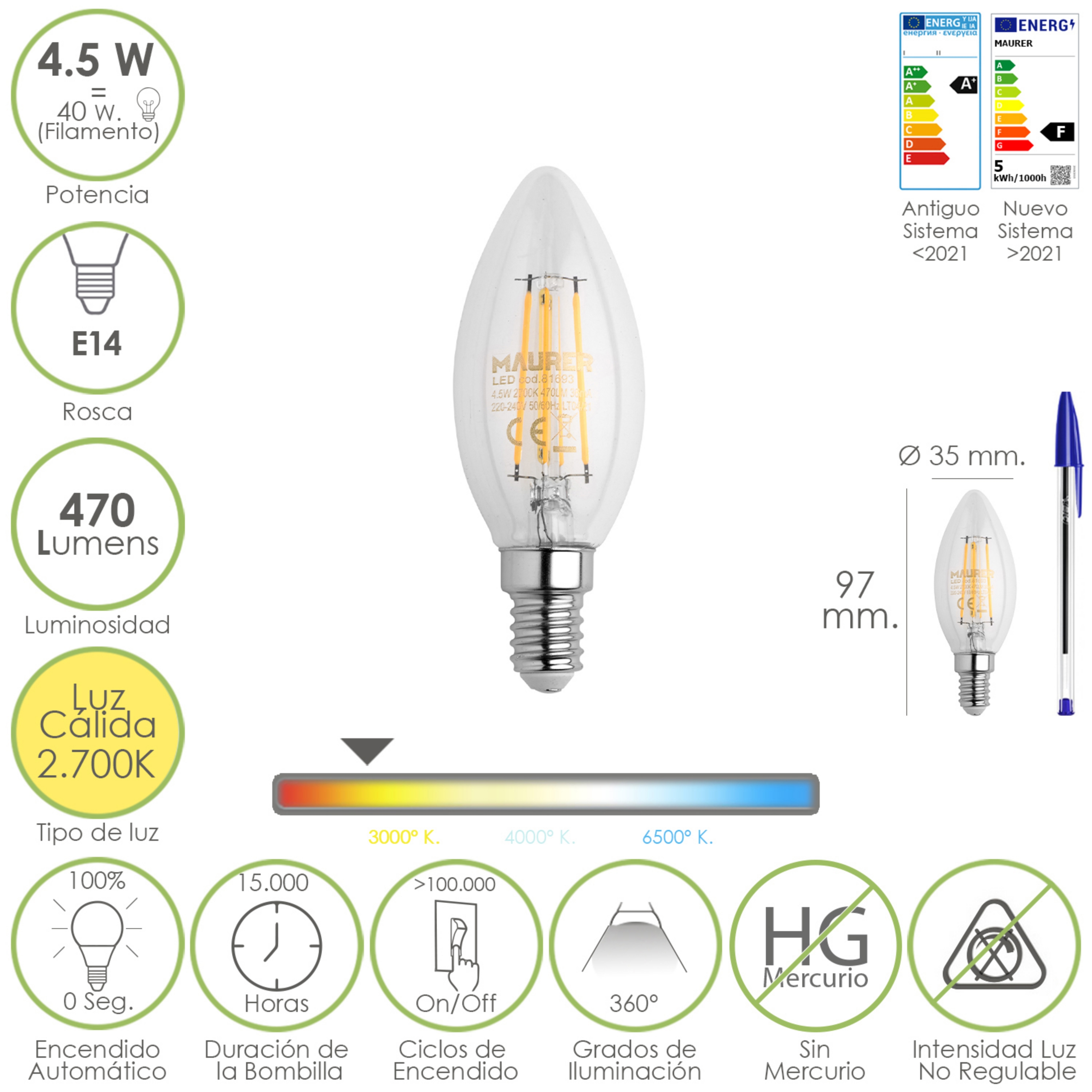 Imagen de Bombilla Led Filamento Vela Rosca E14. 4,5 Watt. Equivale A 40 Watt. 470 Lumenes. Luz Cálida (2700º K.)