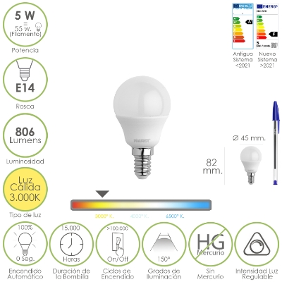 Imagen de Bombilla Led Esferica Rosca E14. 5 Watt. Equivale A 55 Watt. 806 Lumenes. Regulable Luz Cálida (3000º K.)