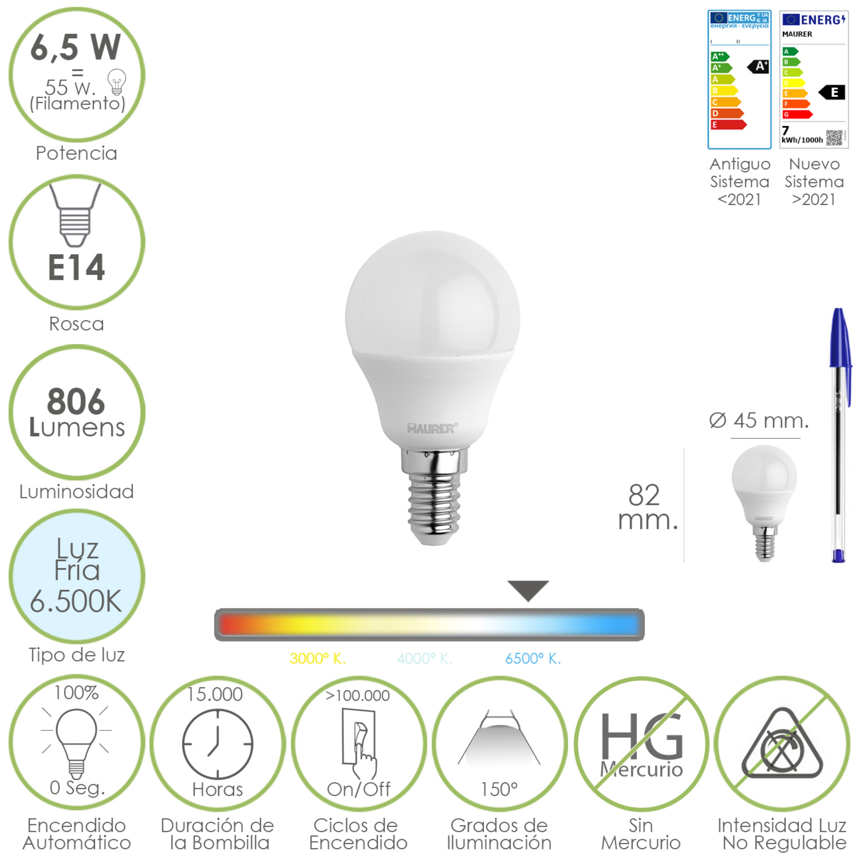 Imagen de Bombilla Led Esfera Rosca E14. 6.5 Watt. Equivale A 55 Watt. 806 Lumenes. Luz Fría 6500º K.