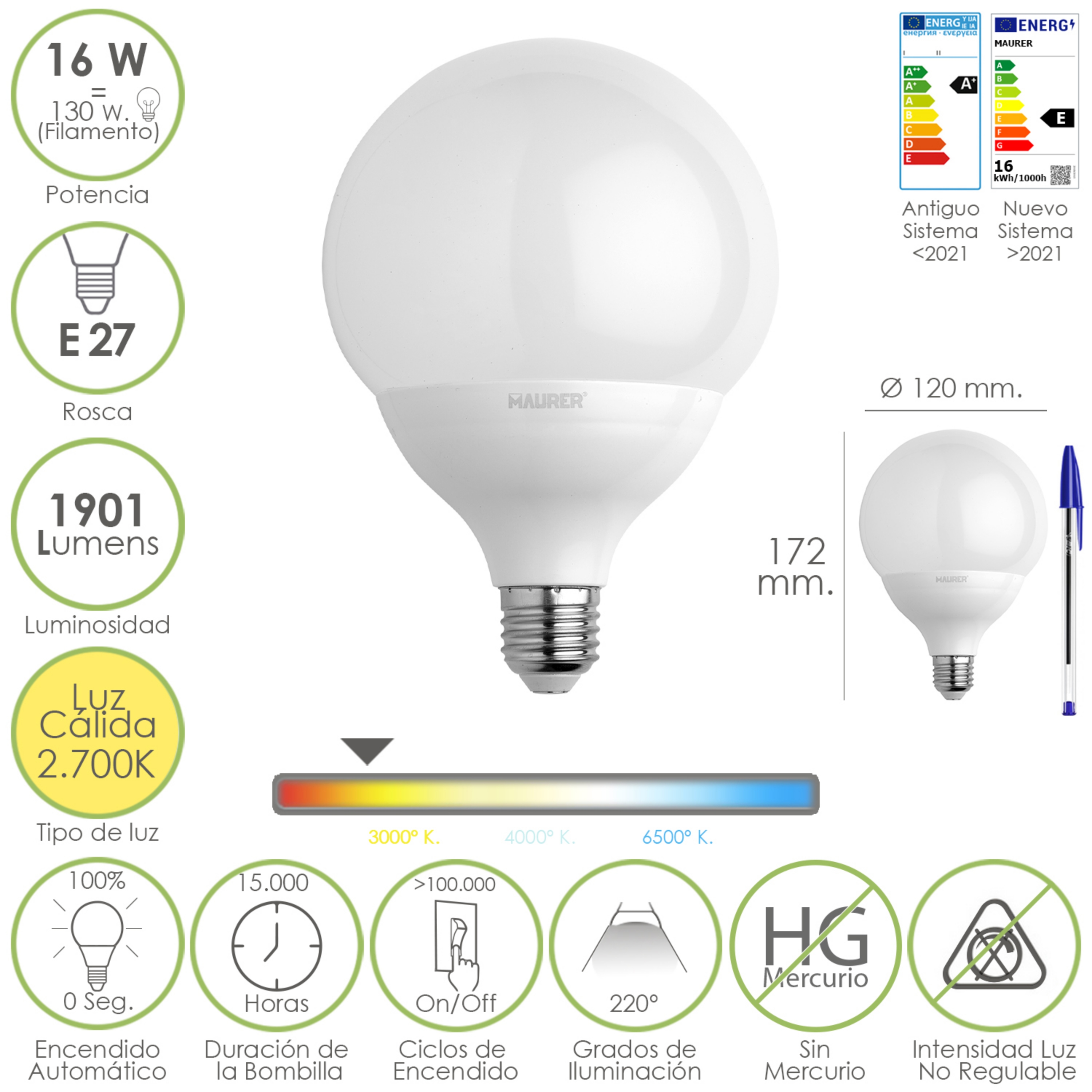 Imagen de Bombilla Led Globo Rosca E27. 16 Watt. Equivale A 130 Watt. 1901 Lumenes. Luz Cálida (2700º K.)