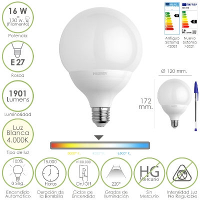 Imagen de Bombilla Led Globo Rosca E27. 16 Watt. Equivale A 130 Watt. 1901 Lumenes. Luz Blanca (4000º K.)