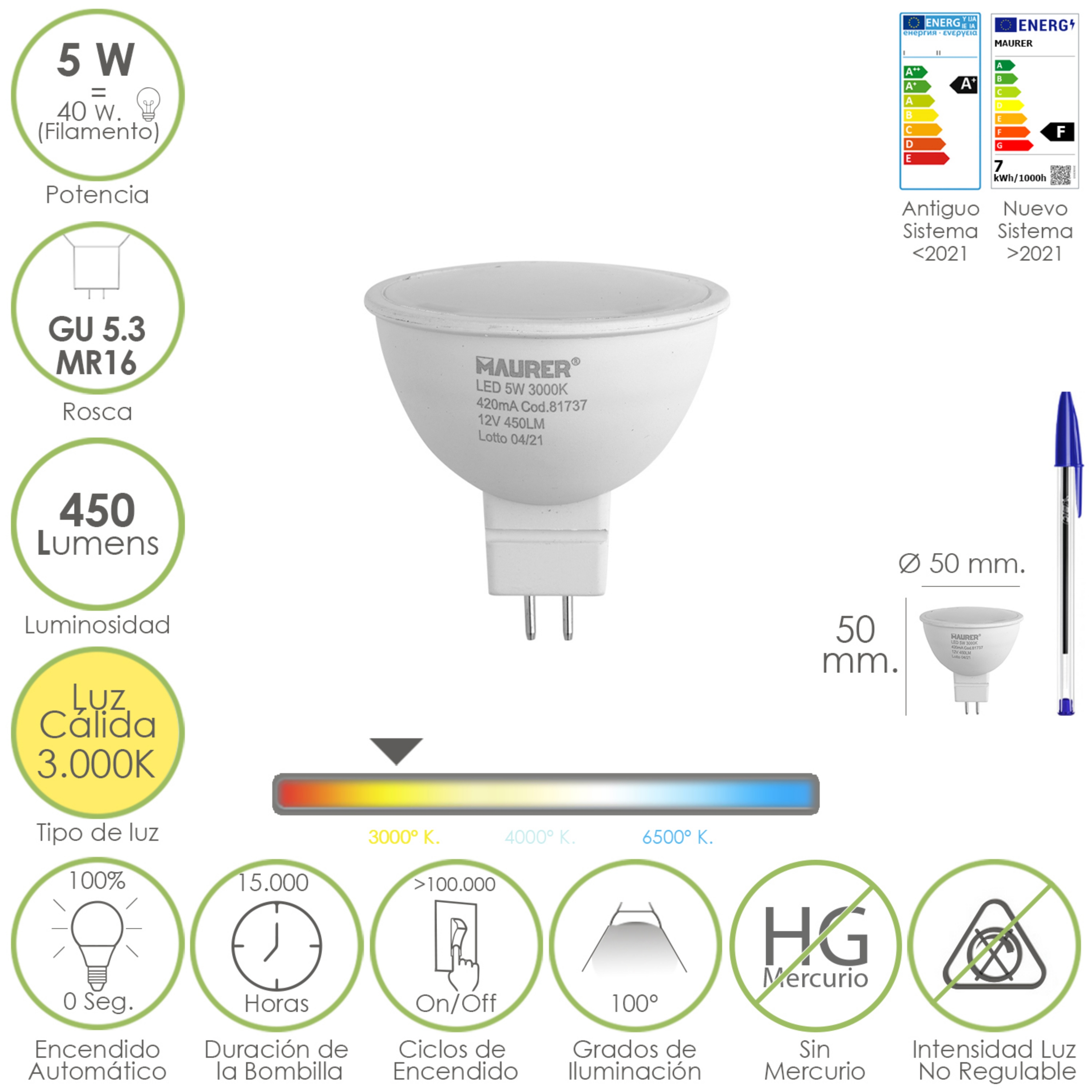 Imagen de Bombilla Led Dicroica Rosca GU 5.3 / MR16. 5 Watt. Equivale A 40 Watt. 405 Lumenes. Luz Cálida (3000º K.)