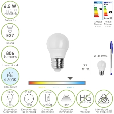 Imagen de Bombilla Led Esfera Rosca E27. 6.5 Watt. Equivale A 55 Watt. 806 Lumenes. Luz Fría 6500º K.