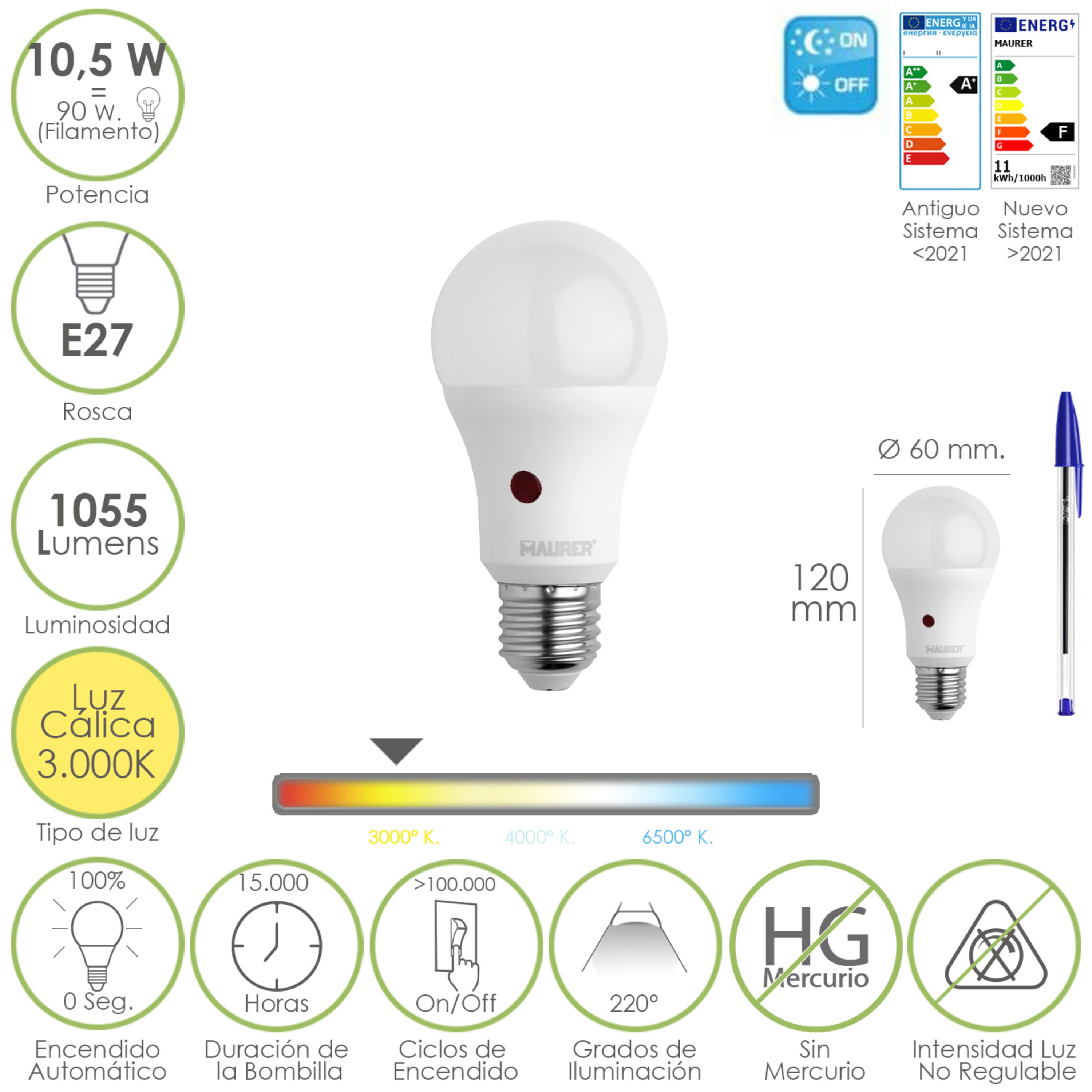 Imagen de Bombilla Led Esfera Con Sensor Crepuscular. Rosca E27. 10.5 Watt. Equivale A 90 Watt. 1055 Lumenes. Luz Calida 3000º K.