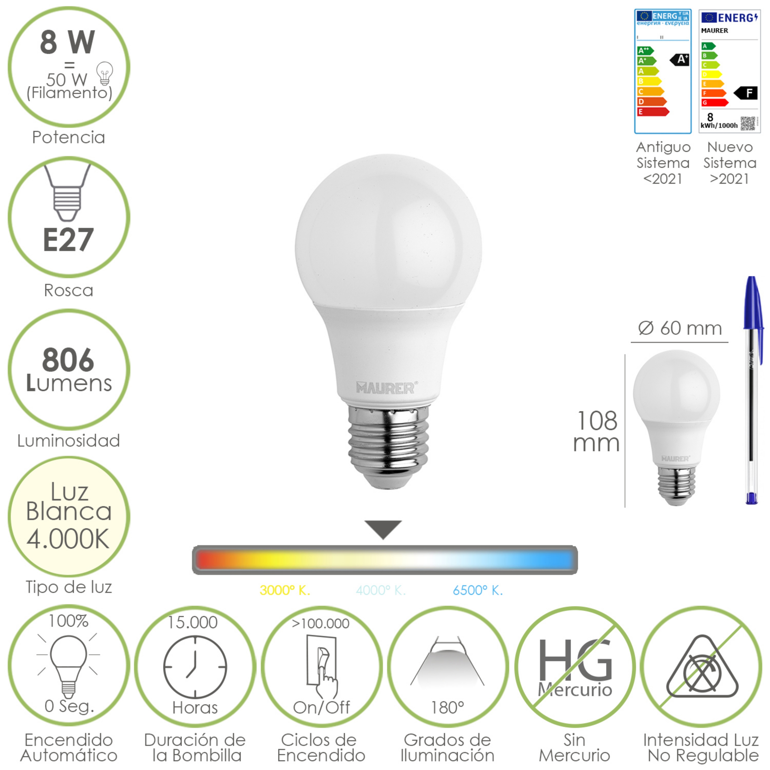 Imagen de Bombilla Led Estandar Rosca E27. 8 Watt. Equivale A 65 Watt. 806 Lumenes. Luz Neutra (4000º K.)