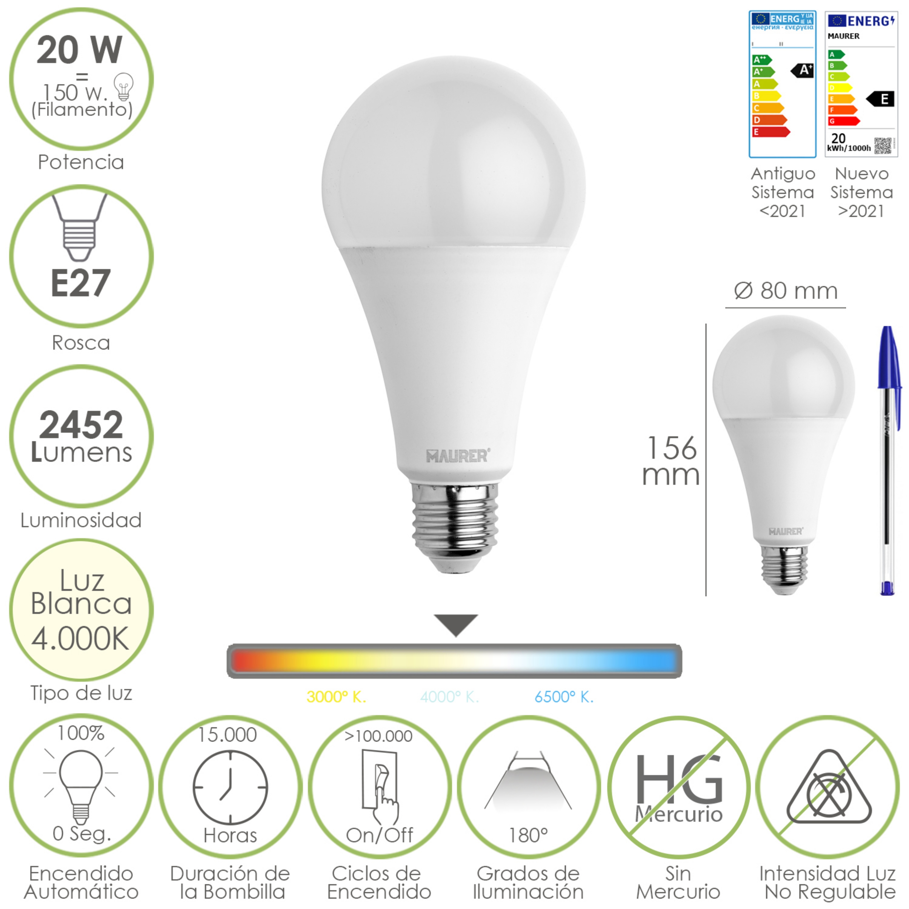 Imagen de Bombilla Led Estandar Rosca E27. 20  Watt. Equivale A 150 Watt. 2452 Lumenes. Luz Neutra (4000º K.)