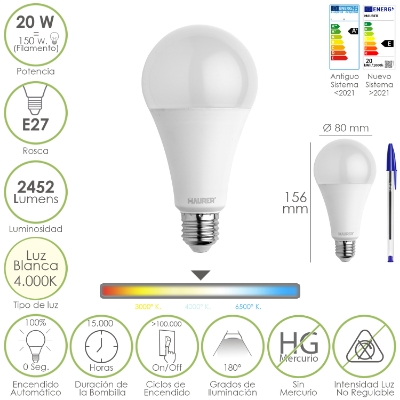 Imagen de Bombilla Led Estandar Rosca E27. 20  Watt. Equivale A 150 Watt. 2452 Lumenes. Luz Neutra (4000º K.)