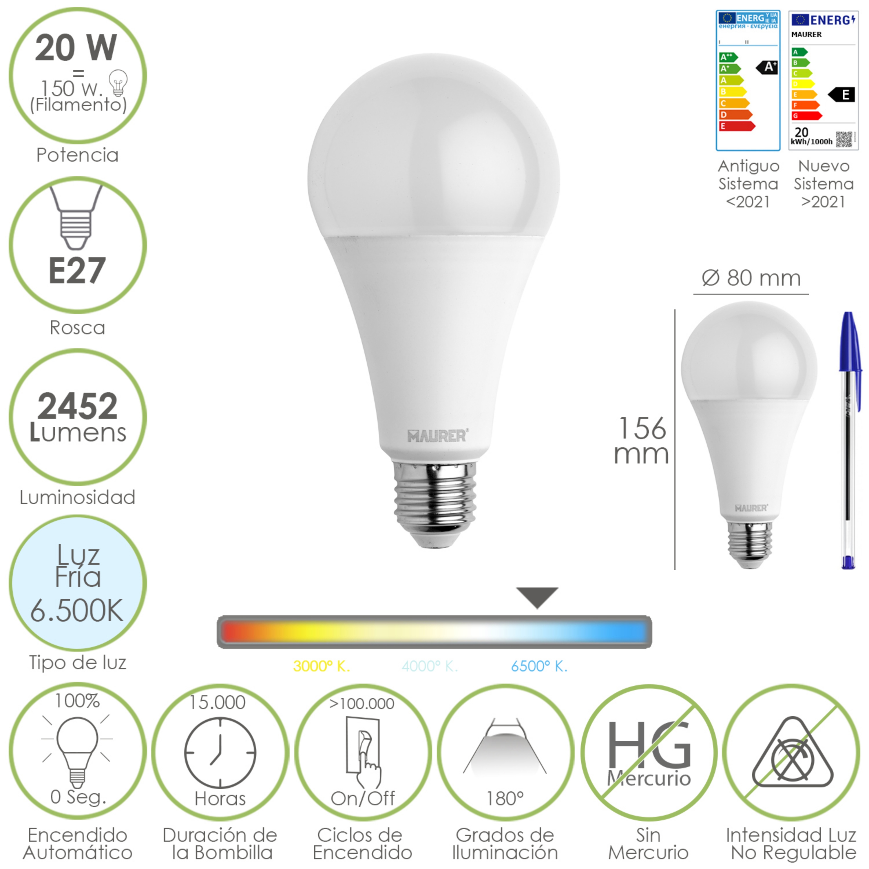 Imagen de Bombilla Led Estandar Rosca E27. 20  Watt. Equivale A 150 Watt. 2452 Lumenes. Luz Fria (6500º K.)