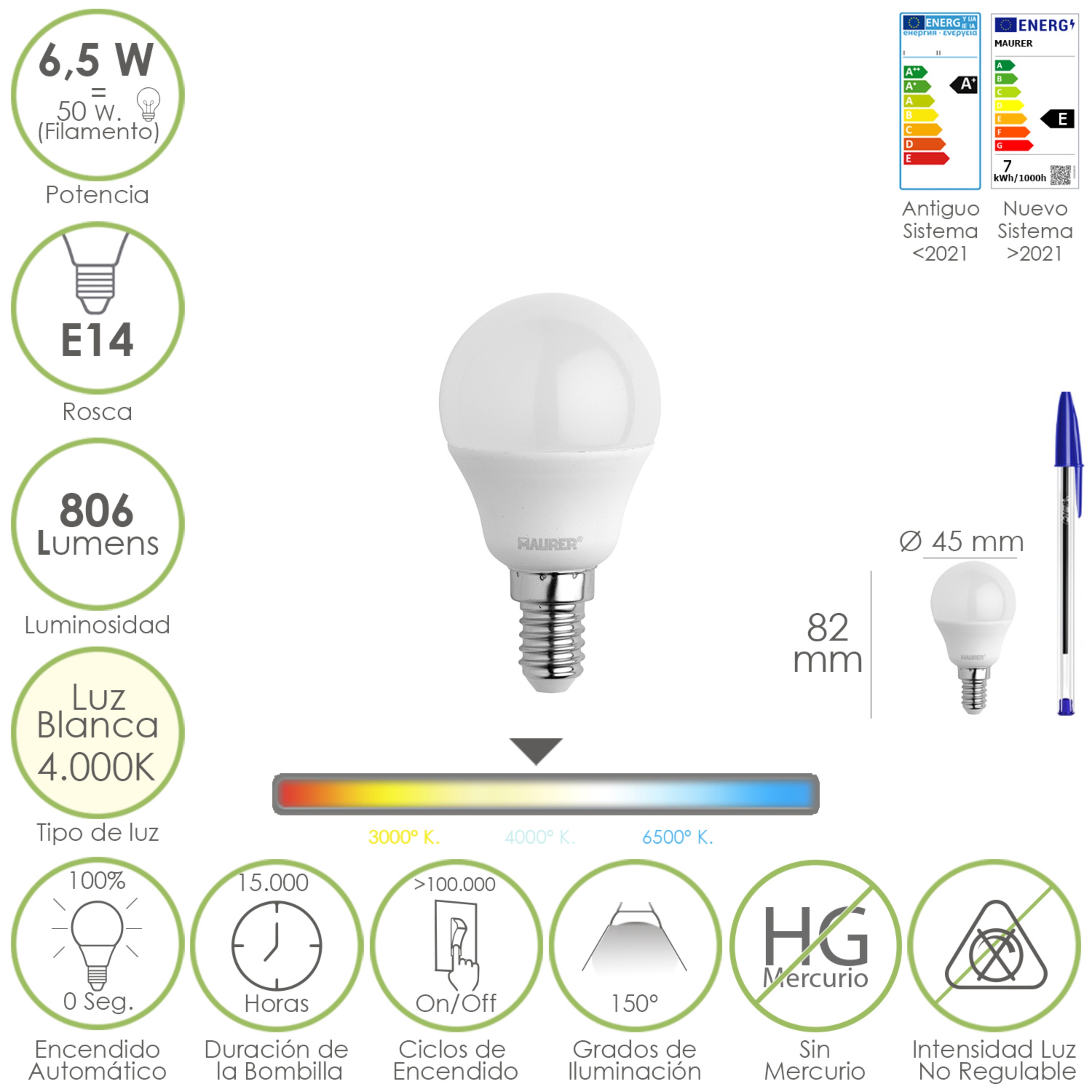 Imagen de Bombilla Led Esfera Rosca E14. 6.5 Watt. Equivale A 50 Watt. 806 Lumenes. Luz Neutra 4000º K.