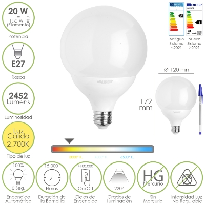 Imagen de Bombilla Led Globo E27. 20 Watt. Equivale A 150 Watt. 2452 Lumenes. Luz Calida 2700º K.