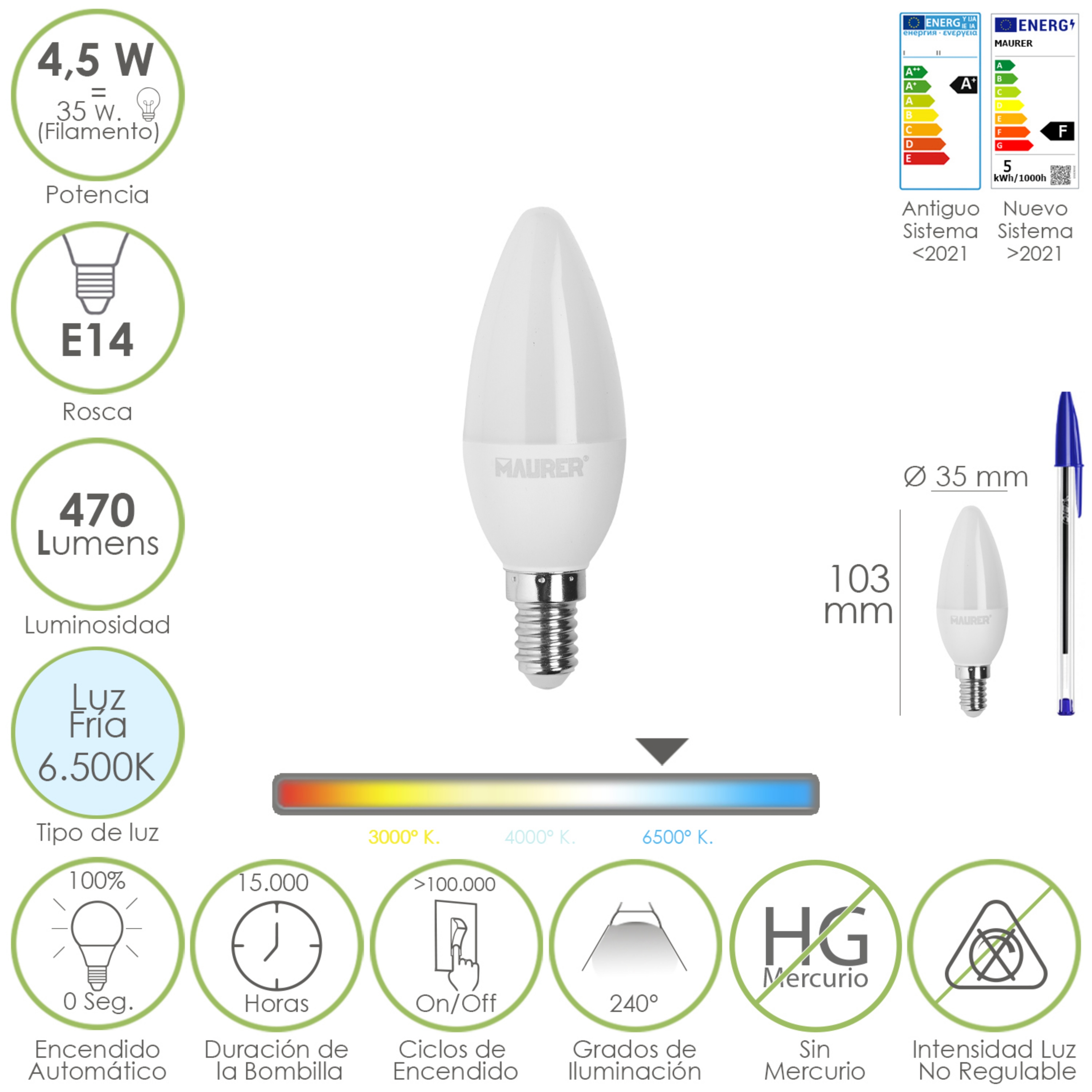 Imagen de Bombilla Led Vela Rosca E14. 4,5 Watt. Equivale A 35 Watt. 470 Lumenes. Luz Fira (6500º K.)