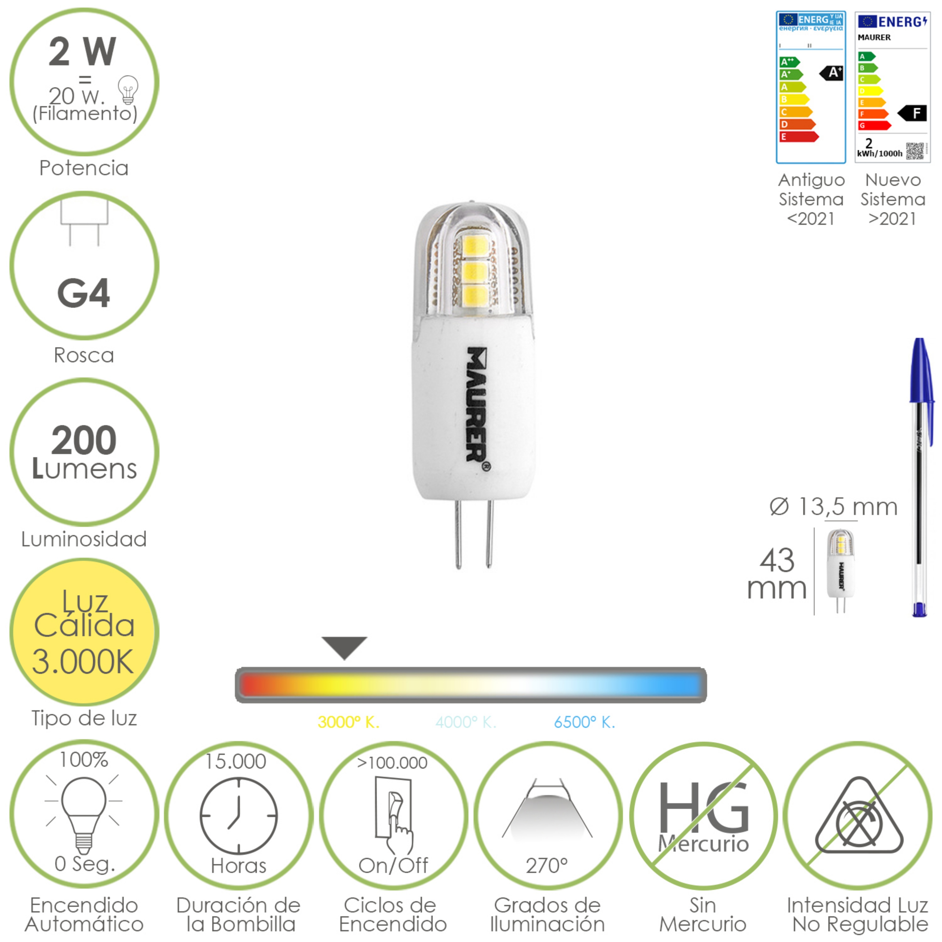 Imagen de Bombilla Led Dicroica Rosca G4. 2 Watt. Equivale A 20 Watt. 200 Lumenes. Luz Calida (3000º K.)