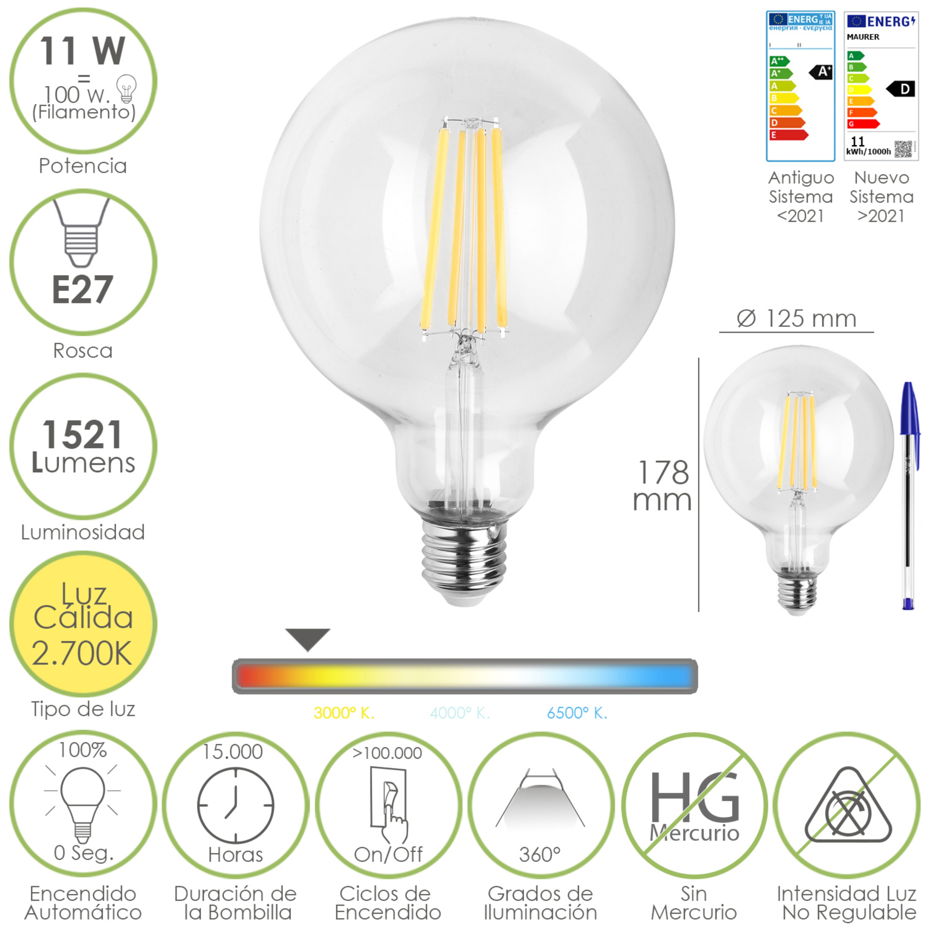 Imagen de Bombilla Led Filamento Globo E27. 11 Watt. Equivale A 100 Watt. 1521 Lumenes. Luz Calida 2700º K.