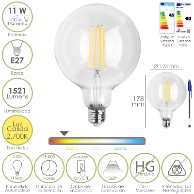 Imagen de Bombilla Led Filamento Globo E27. 11 Watt. Equivale A 100 Watt. 1521 Lumenes. Luz Calida 2700º K.