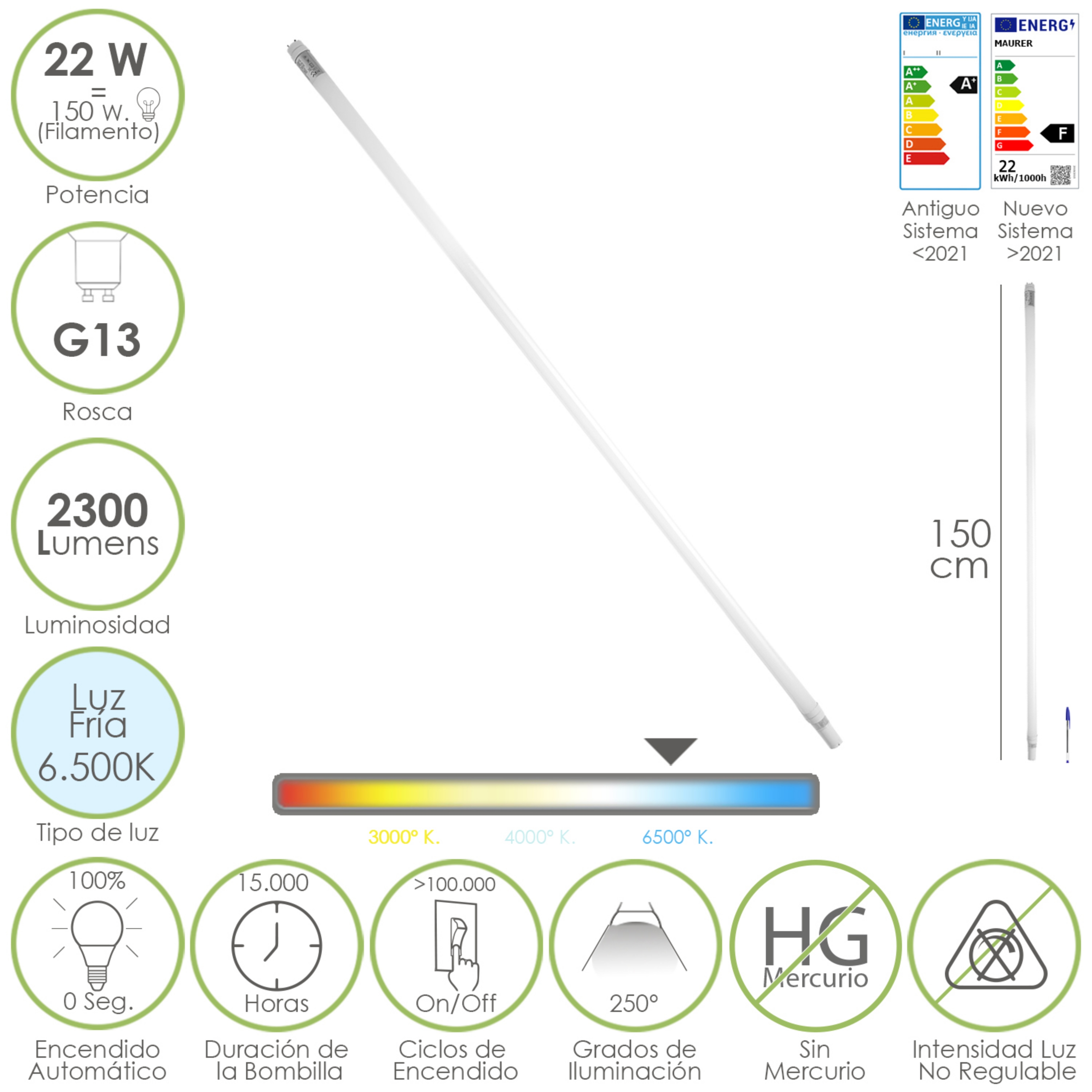 Imagen de Tubo Led T8 150 cm. 22 Watt. Equivale A 150 Watt. 2300 Lumenes. Luz Fria 6500º K.