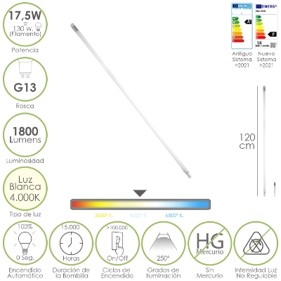 Imagen de Tubo Led T8 120 cm.17,5 Watt. Equivale A 130 Watt. 1800 Lumenes. Luz Neutra 4000º K.