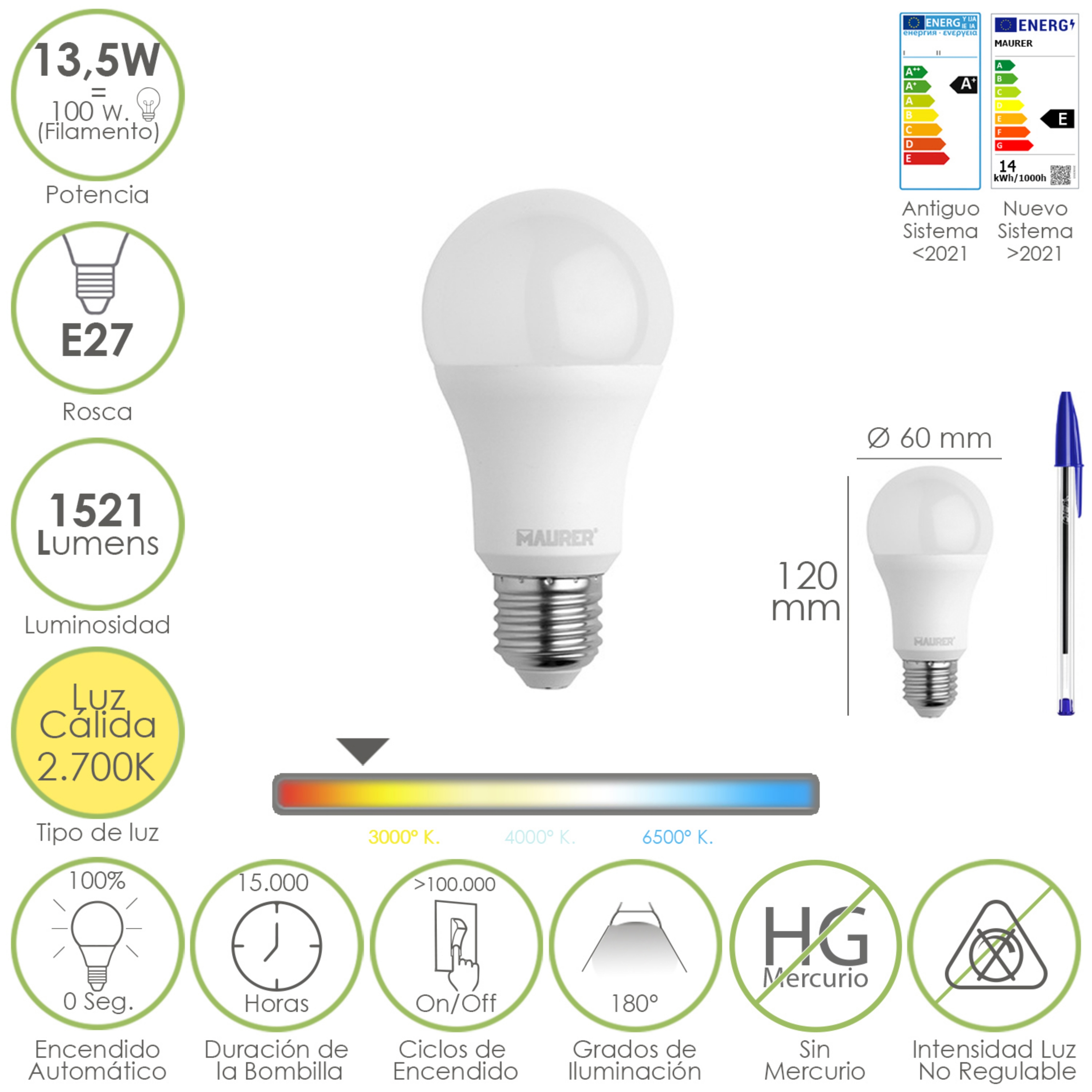 Imagen de Bombilla Led Estandar Rosca E27. 13,5 Watt. Equivale A 100 Watt. 1521 Lumenes. Luz Calida (3000º K.)