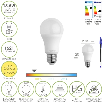 Imagen de Bombilla Led Estandar Rosca E27. 13,5 Watt. Equivale A 100 Watt. 1521 Lumenes. Luz Calida (3000º K.)