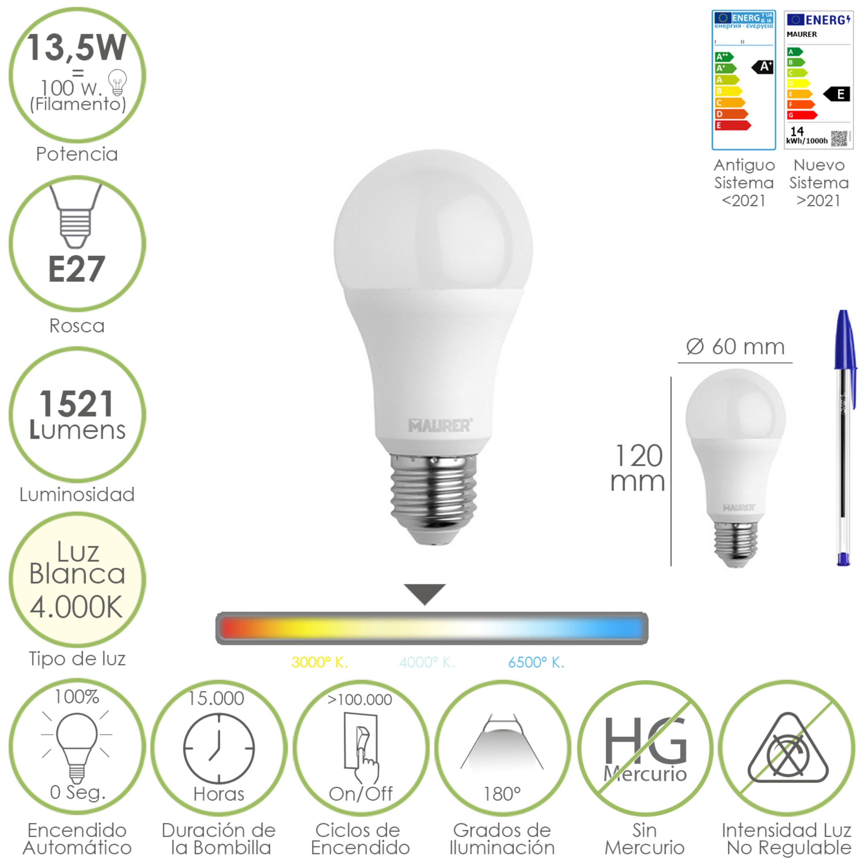 Imagen de Bombilla Led Estandar Rosca E27. 13,5 Watt. Equivale A 100 Watt. 1521 Lumenes. Luz Neutra (4000º K.)