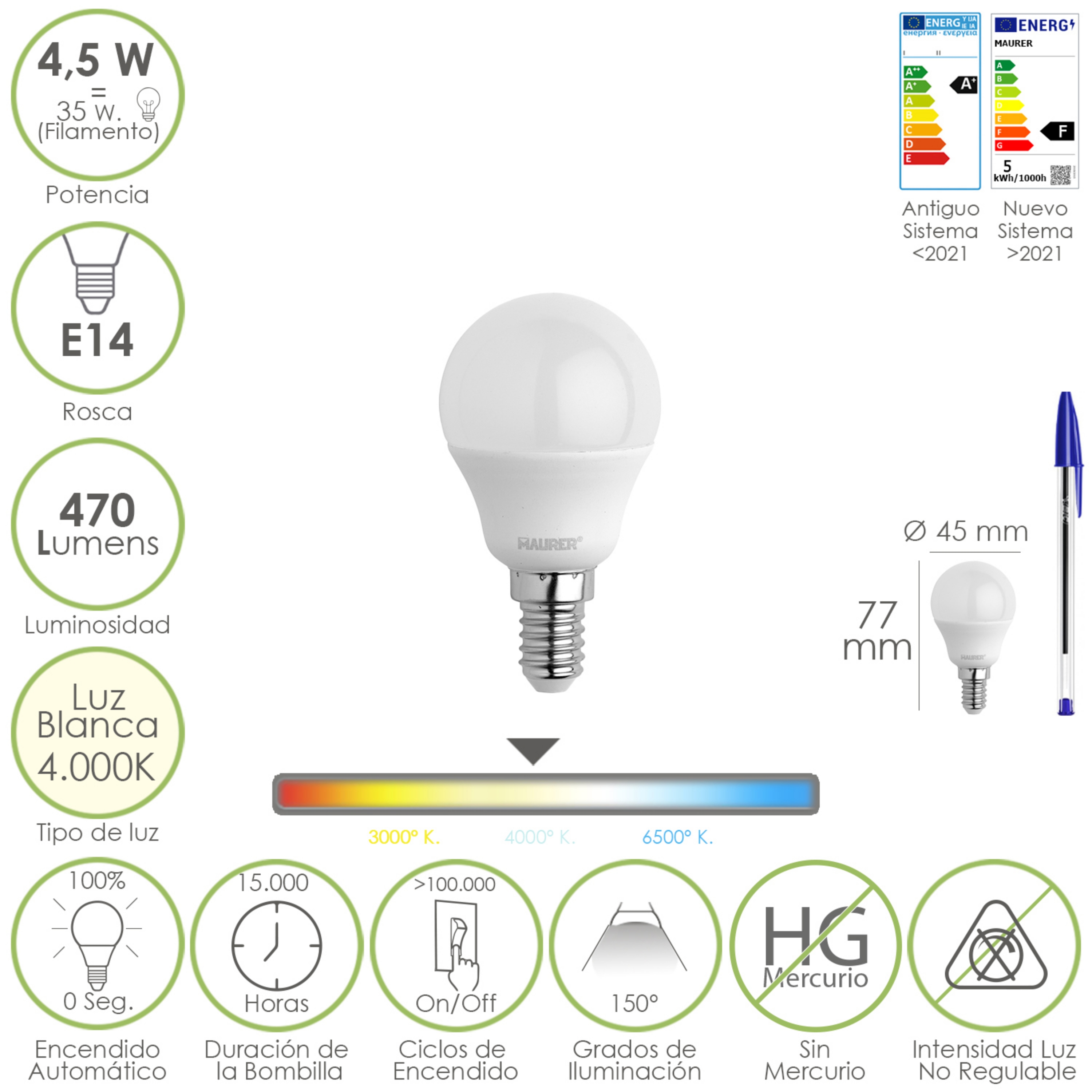 Imagen de Bombilla Led Esferica Rosca E14 4.5 Watt. Equivale A 35 Watt. 470 Lumenes. Luz Neutra (4000º K)