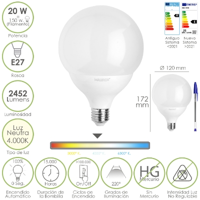 Imagen de Bombilla Led Globo E27. 20 Watt. Equivale A 150 Watt. 2452 Lumenes. Luz Neutra 4000º K.