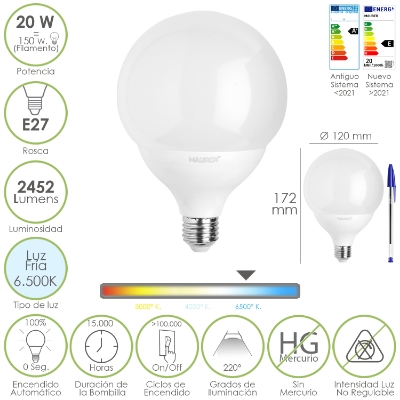 Imagen de Bombilla Led Globo E27. 20 Watt. Equivale A 150 Watt. 2452 Lumenes. Luz Fria 6500º K.