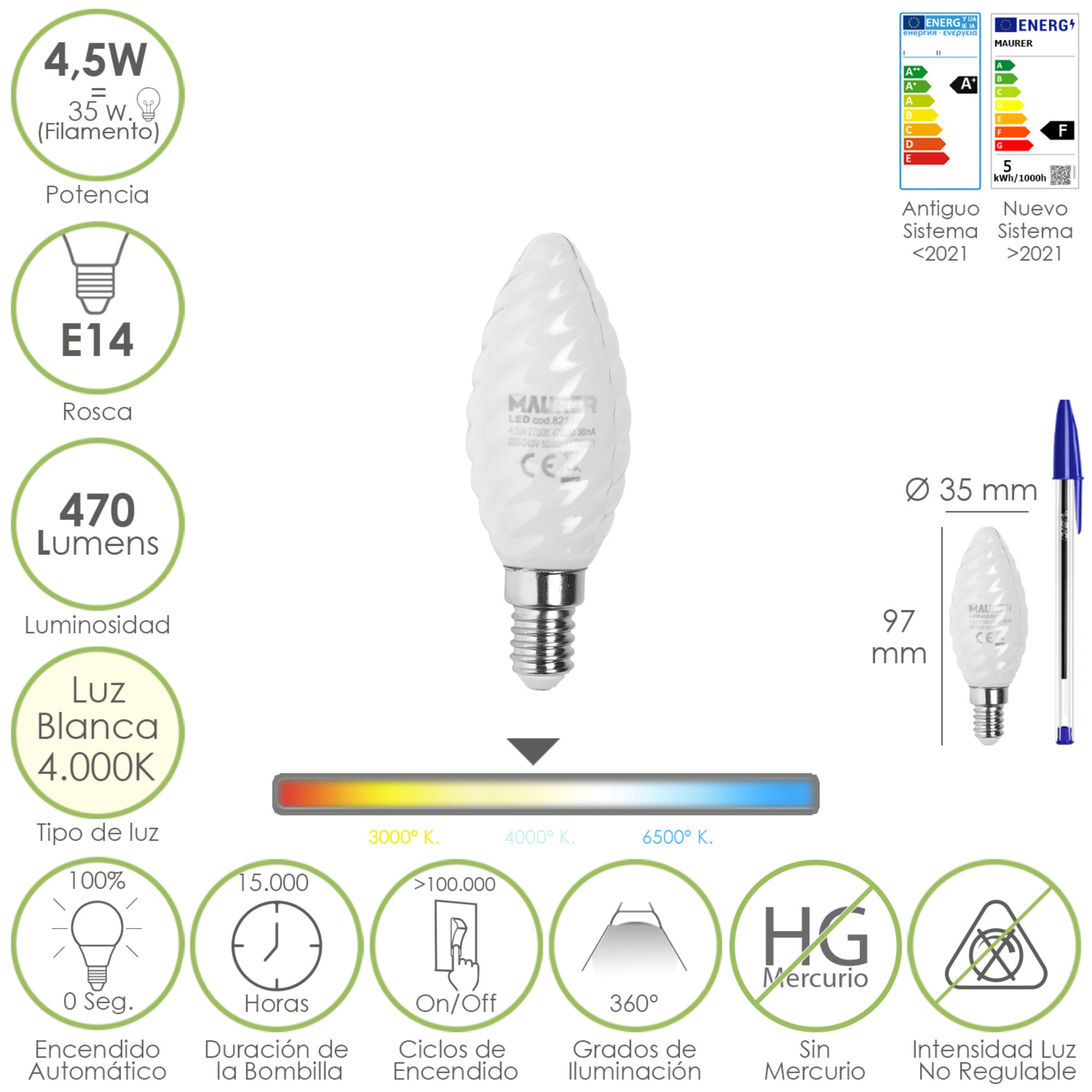 Imagen de Bombilla Led Filamento Vela Esmerilada E14. 4,5 Watt. Equivale A 35 Watt. 470 Lumenes. Luz Neutra 4000º K.