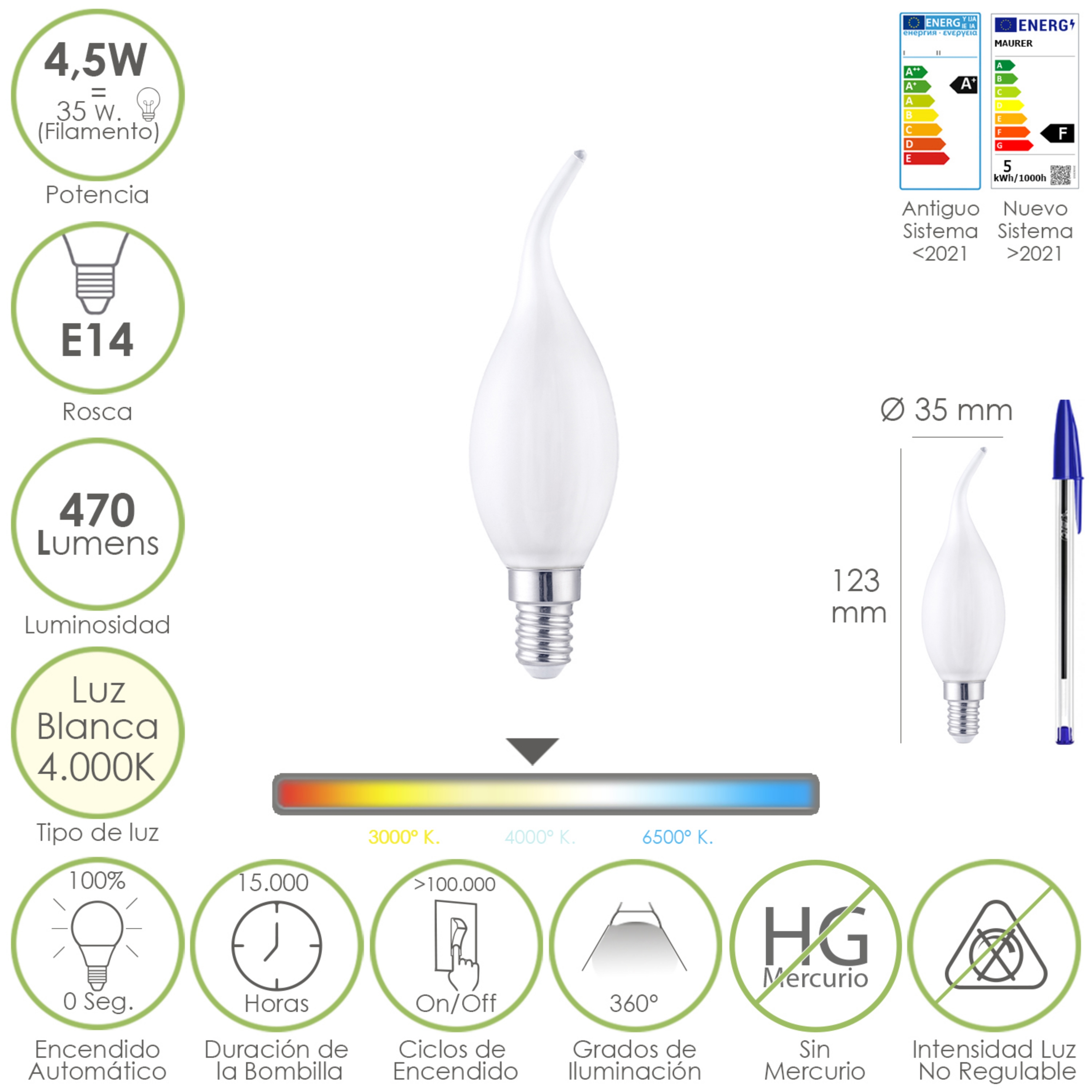 Imagen de Bombilla Led Filamento Vela Llama Esmerilada E14. 4,5 Watt. Equivale A 35 Watt. 470 Lumenes. Luz Neutra 4000º K.