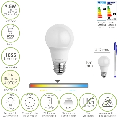 Imagen de Bombilla Led Estandar Rosca E27. 9.5 Watt. Equivale A 75 Watt. 1055 Lumenes. Luz Neutra (4000º K.)