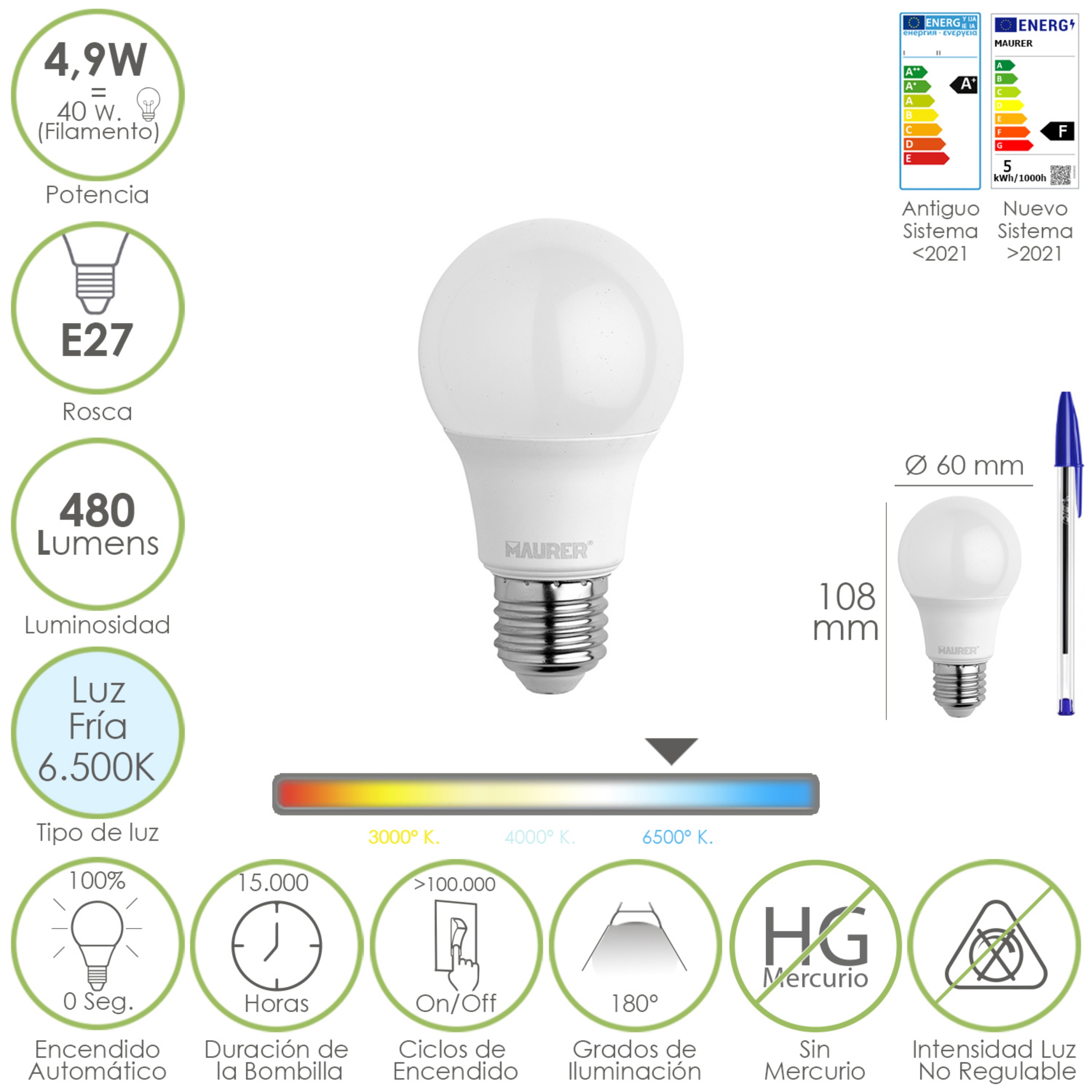 Imagen de Bombilla Led Estandar Rosca E27. 4.9 Watt. Equivale A 40 Watt. 480 Lumenes. Luz Fria (6500º K.)