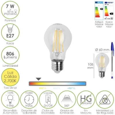 Imagen de Bombilla Led Filamento Standar Rosca E27. 7 Watt. Equivale A 50 Watt. 806 Lumenes. Luz Calida 2700º K.